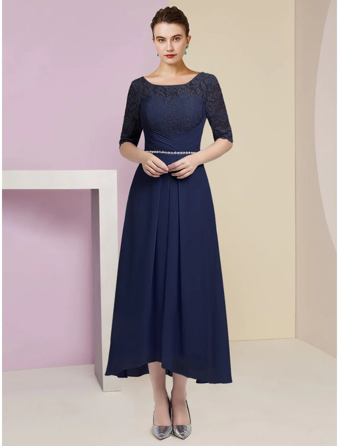 Wholesale A-Line Mother of the Bride Dress Wedding Guest Elegant Scoop Neck Ankle Length Stretch Chiffon Half Sleeve with Crystals Ruching