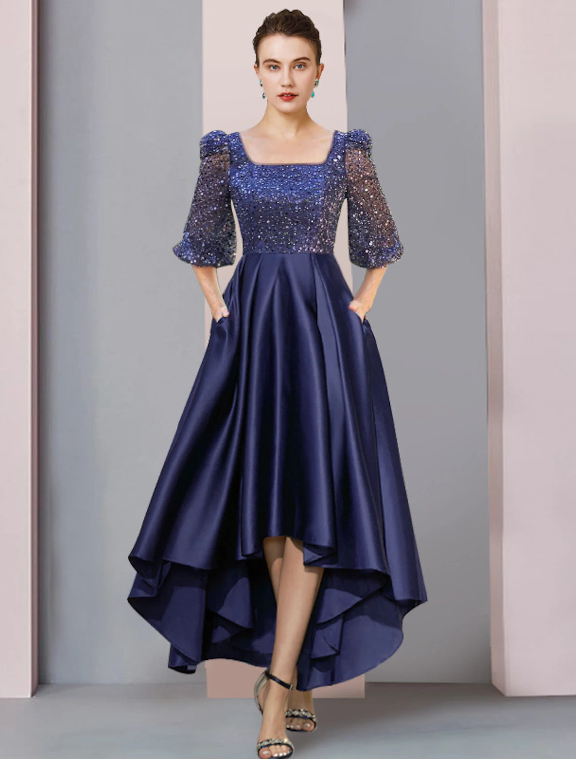 Wholesale  Two Piece Sheath / Column Mother of the Bride Dress Formal Wedding Guest Elegant Sparkle & Shine High Low Square Neck Asymmetrical Tea Length Satin Lace Half Sleeve with Pleats Beading Appliques
