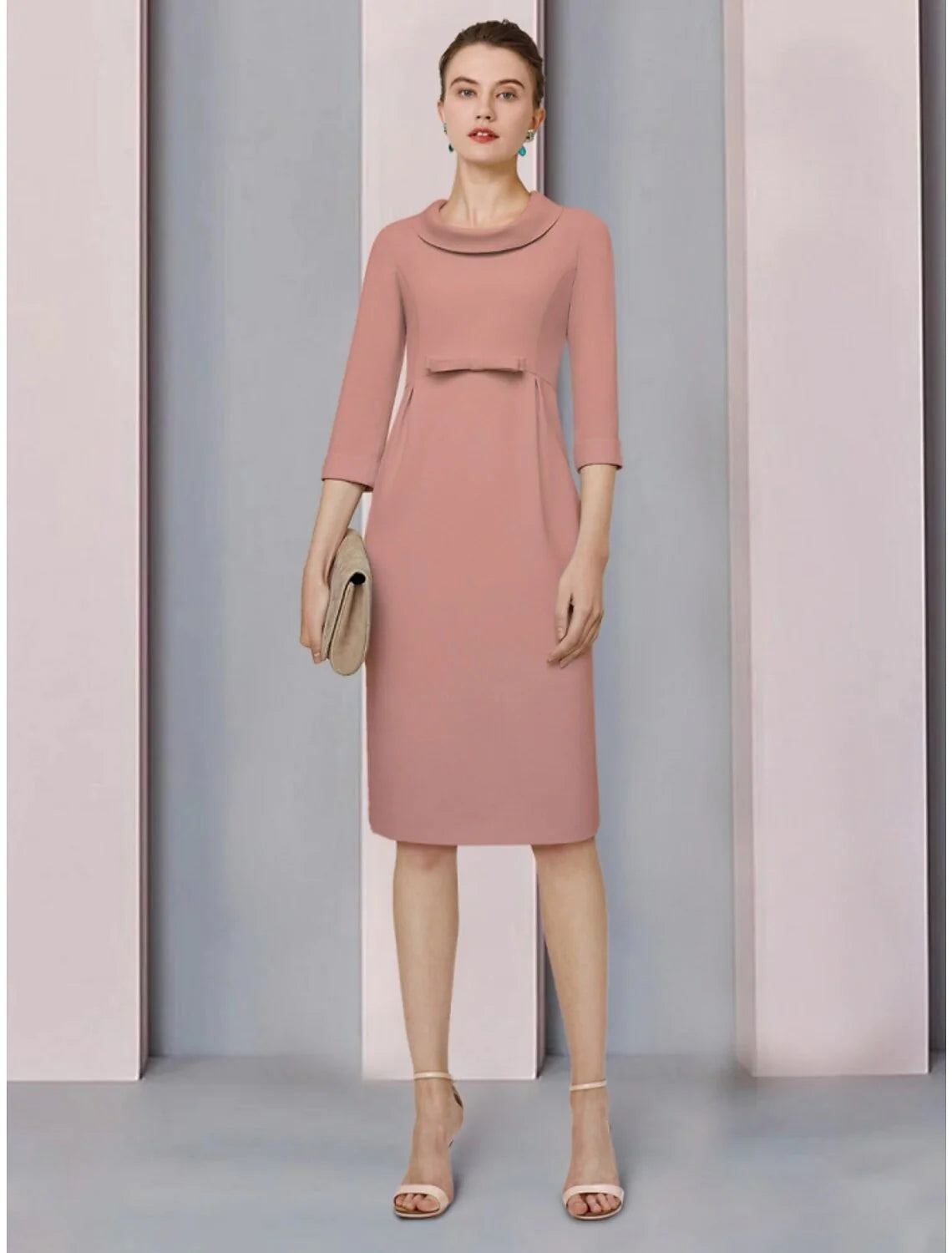 Wholesale A-Line Mother of the Bride Dress Wedding Guest Elegant Petite Jewel Neck Knee Length Satin 3/4 Length Sleeve with Bow(s) Ruching Solid Color