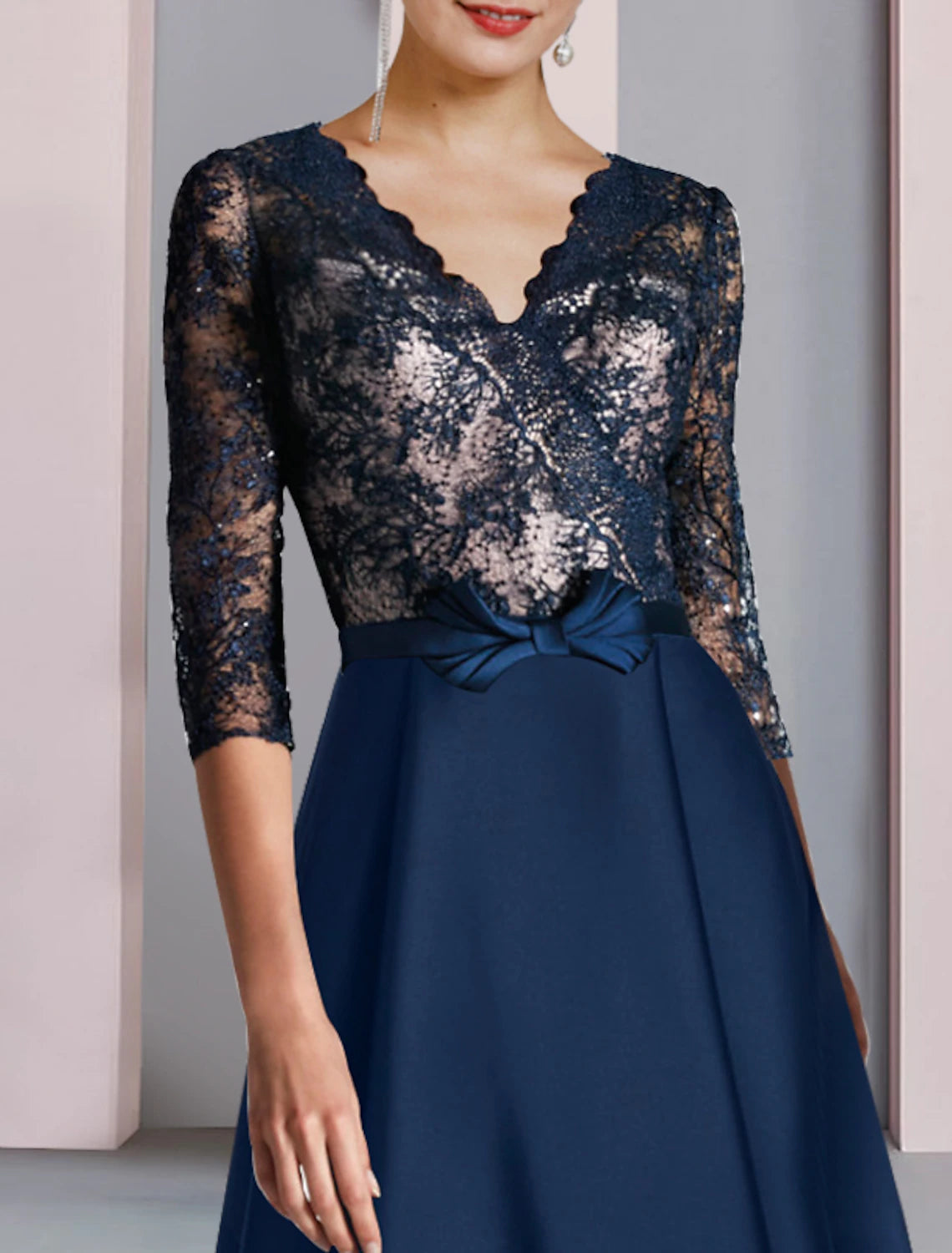 Wholesale  A-Line Mother of the Bride Dress Wedding Guest Elegant High Low V Neck Asymmetrical Tea Length Satin Lace Half Sleeve with Bow(s)