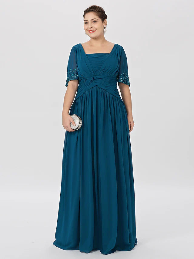 Wholesale Ball Gown A-Line Mother of the Bride Dress Formal Classic & Timeless Elegant & Luxurious Plus Size Square Neck Floor Length Chiffon Short Sleeve No with Pleats Beading
