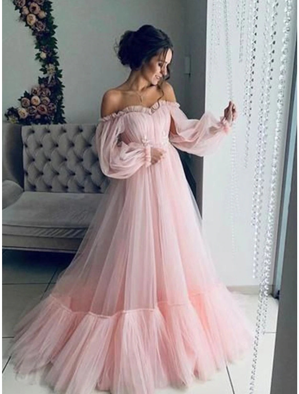 Wholesale  A-Line Minimalist Elegant Engagement Prom Dress Off Shoulder Long Sleeve Floor Length Tulle with Pleats Appliques