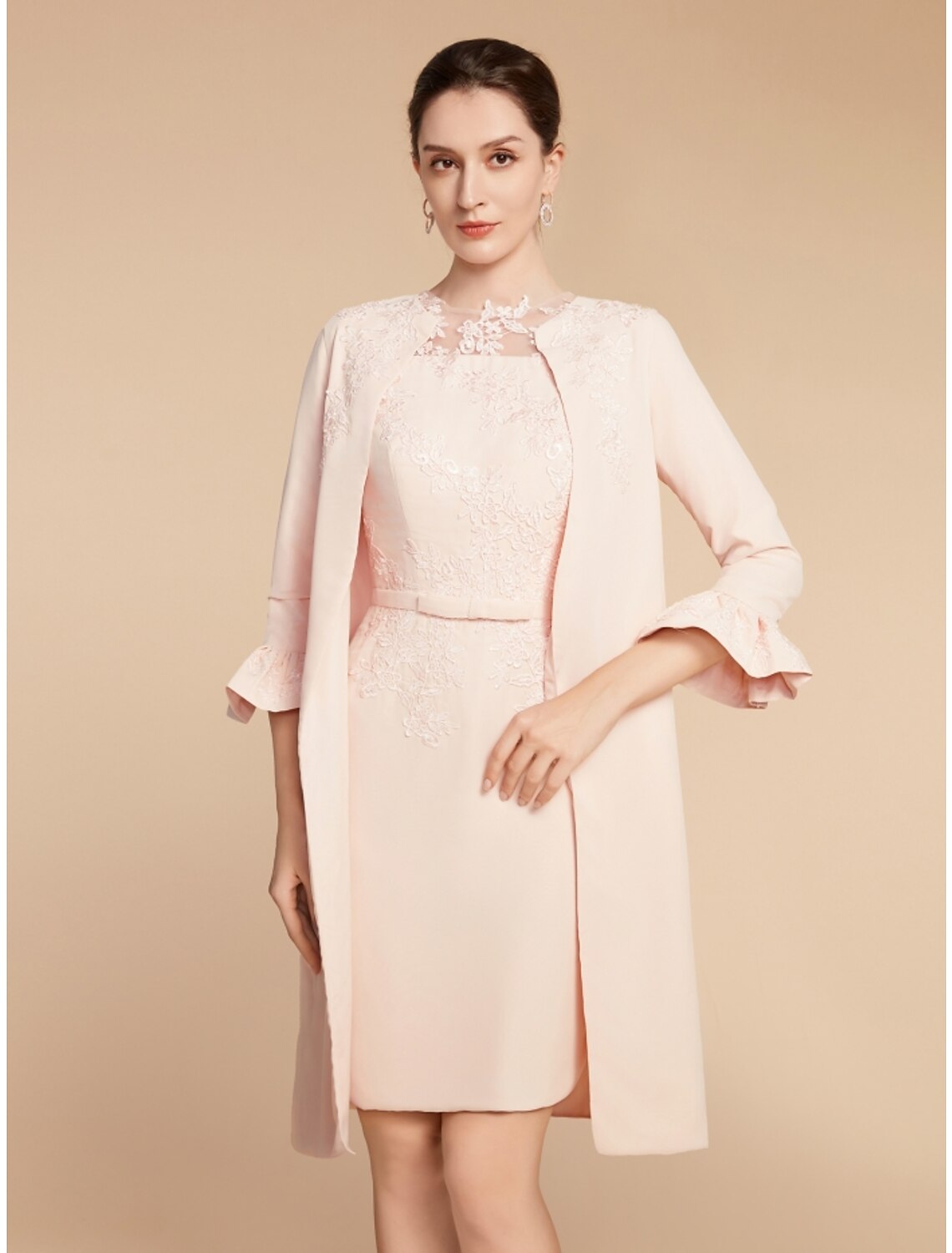 Wholesale Two Piece A-Line Mother of the Bride Dress Wedding Guest Elegant Petite Jewel Neck Short / Mini Lace Stretch Fabric 3/4 Length Sleeve with Bow(s) Ruffles Solid Color
