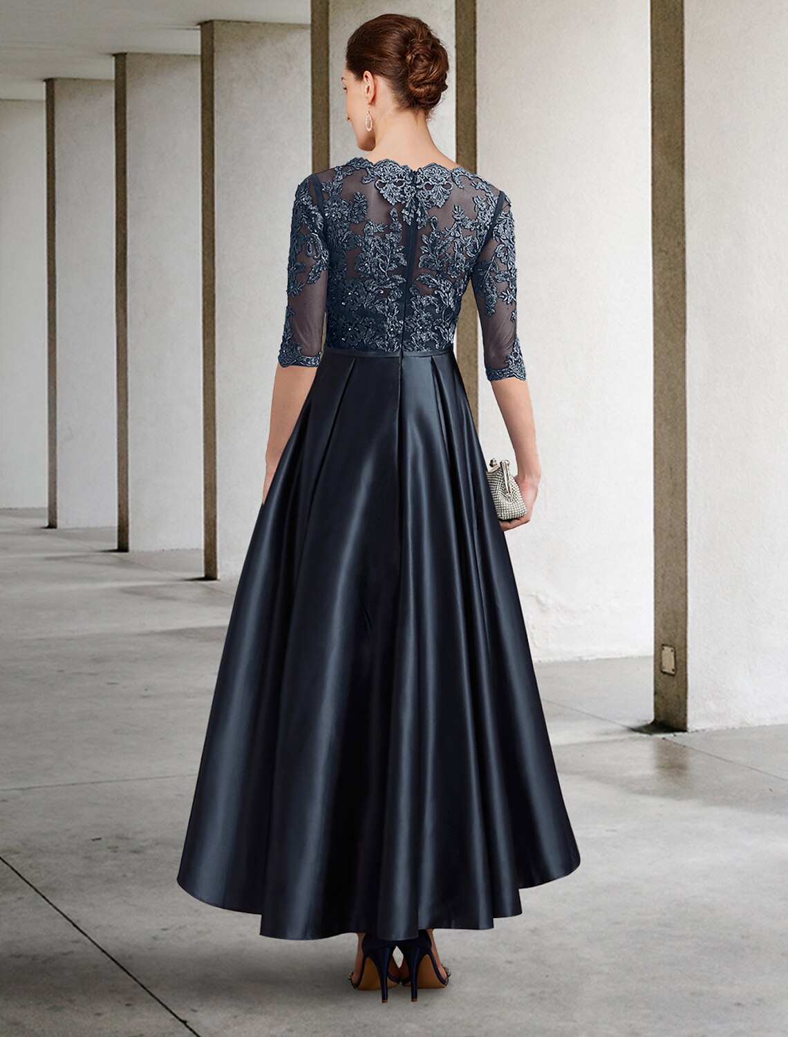 Wholesale A-Line Mother of the Bride Dress Formal Wedding Guest Elegant Jewel Neck Asymmetrical Lace Italy Satin Half Sleeve with Lace Pleats