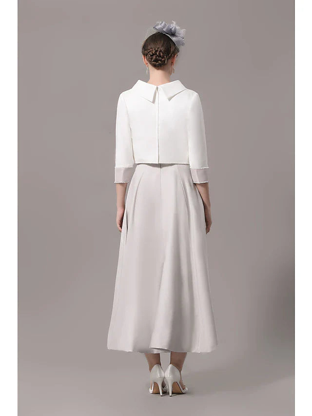 Wholesale Two Piece Mother of the Bride Dress Church Elegant Jewel Neck Ankle Length Stretch Satin 3/4 Length Sleeve with Bow(s)