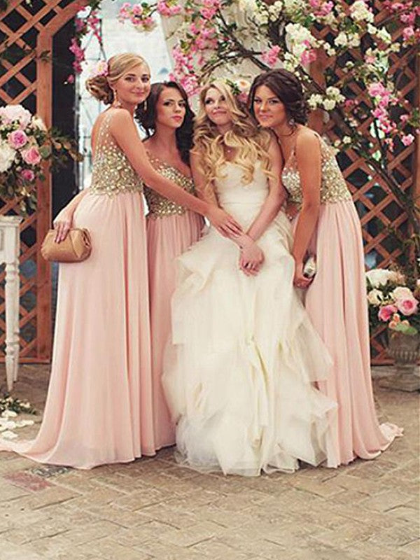 Wholesale A-Line/Princess V-neck Sleeveless Sweep/Brush Train Sequin Chiffon Bridesmaid Dresses
