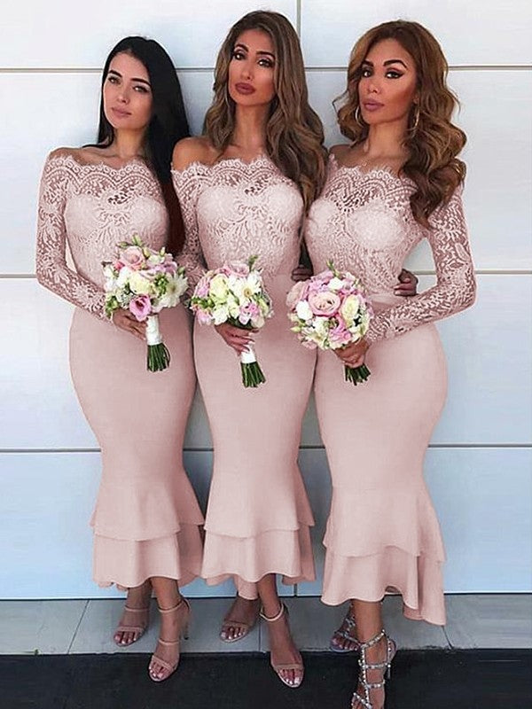 Wholesale Sheath/Column Off-the-Shoulder Long Sleeves Ankle-Length Lace Stretch Crepe Bridesmaid Dresses