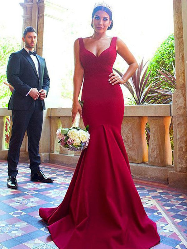 Wholesale Trumpet/Mermaid V-neck Sleeveless Sweep/Brush Train Ruffles Stretch Crepe Bridesmaid Dresses