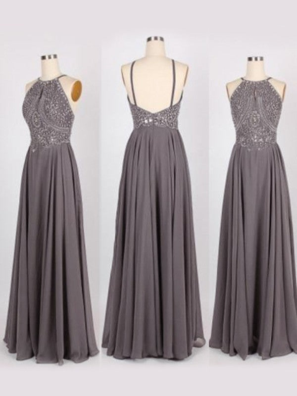 Wholesale A-Line/Princess Halter Sleeveless Floor-Length Beading Chiffon Dresses