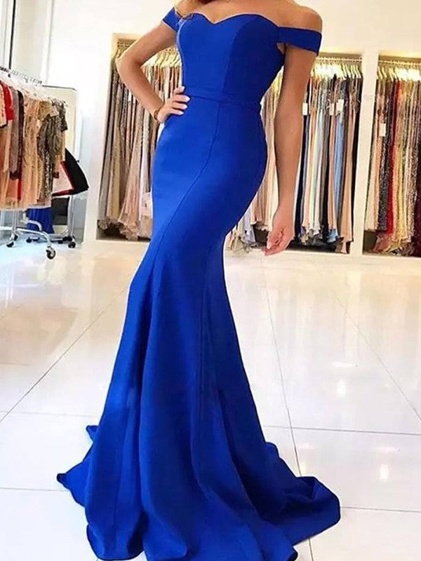 Wholesale Trumpet/Mermaid Off-the-Shoulder Sleeveless Sweep/Brush Train Ruffles Stretch Crepe Dresses