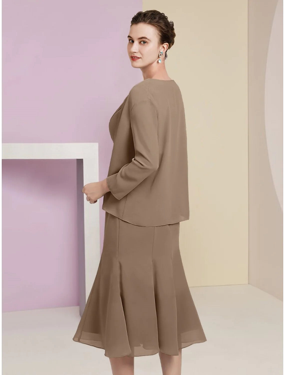 Wholesale Mermaid / Trumpet Mother of the Bride Dress Wedding Guest Elegant Scoop Neck Tea Length Chiffon Long Sleeve with Crystals Ruching