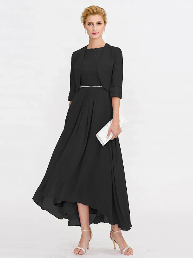 Wholesale Two Piece Ball Gown A-Line Mother of the Bride Dress Formal Church Convertible Dress High Low See Through Illusion Neck Asymmetrical Chiffon Lace 3/4 Length Sleeve with Crystals