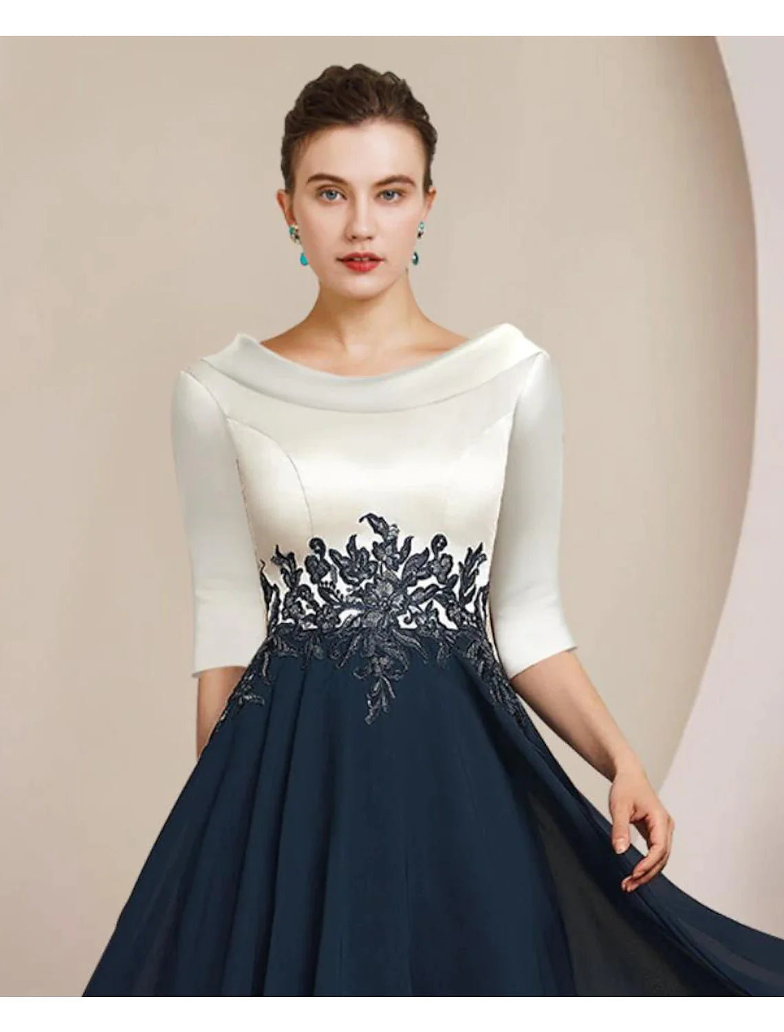 Wholesale A-Line Mother of the Bride Dress Formal Wedding Guest Elegant Vintage Bateau Neck Tea Length Chiffon Lace 3/4 Length Sleeve with Pleats Appliques Color Block