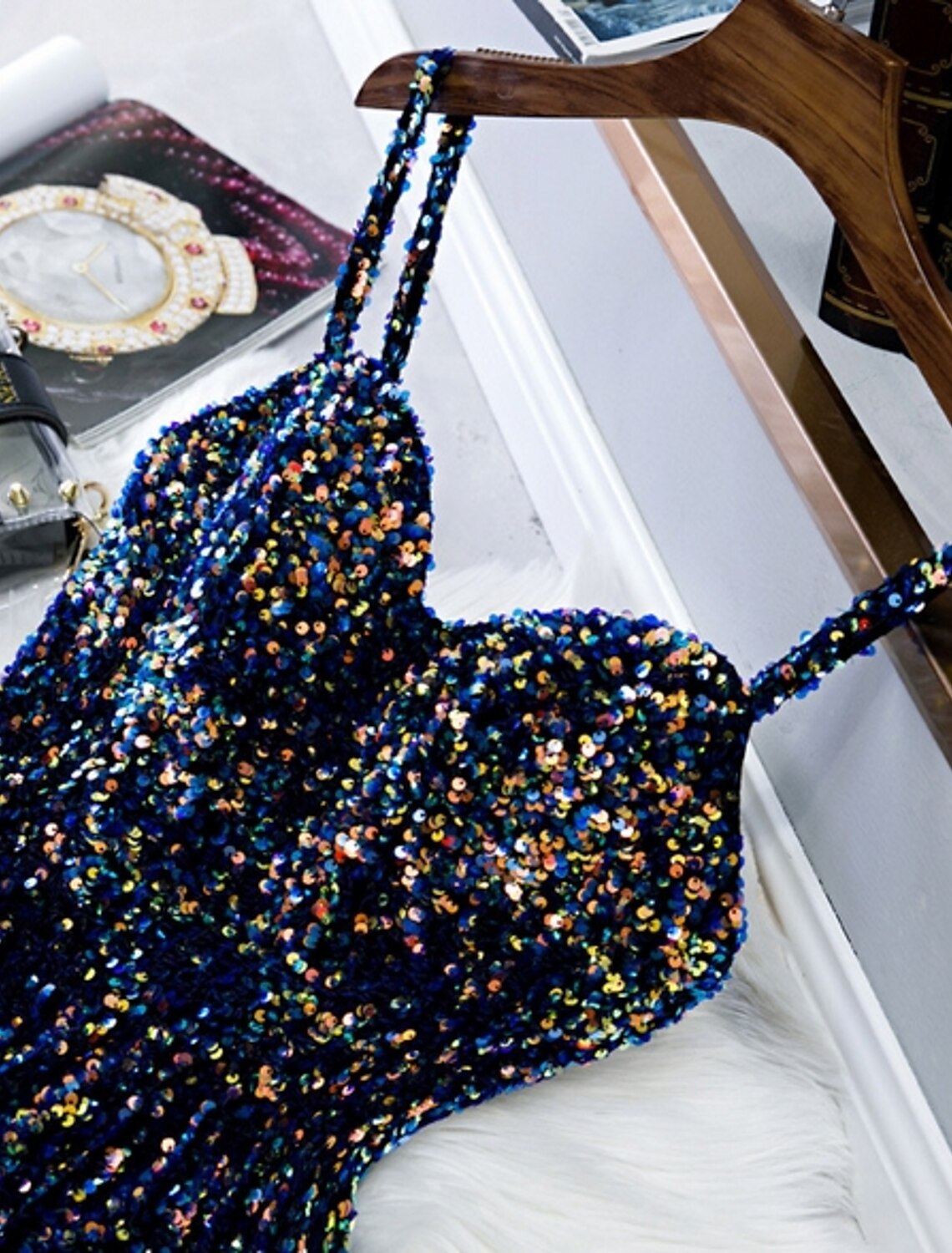 Wholesale A-Line Sparkle & Shine Holiday Cocktail Party Dress Spaghetti Strap Sleeveless Knee Length Sequined with Sequin