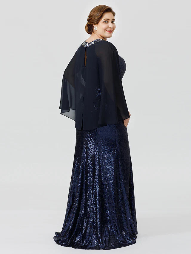 Wholesale Mermaid / Trumpet Mother of the Bride Dress Formal Chic & Modern Glamorous & Dramatic Plus Size Jewel Neck Floor Length Chiffon Sequined 3/4 Length Sleeve No with Crystals Beading