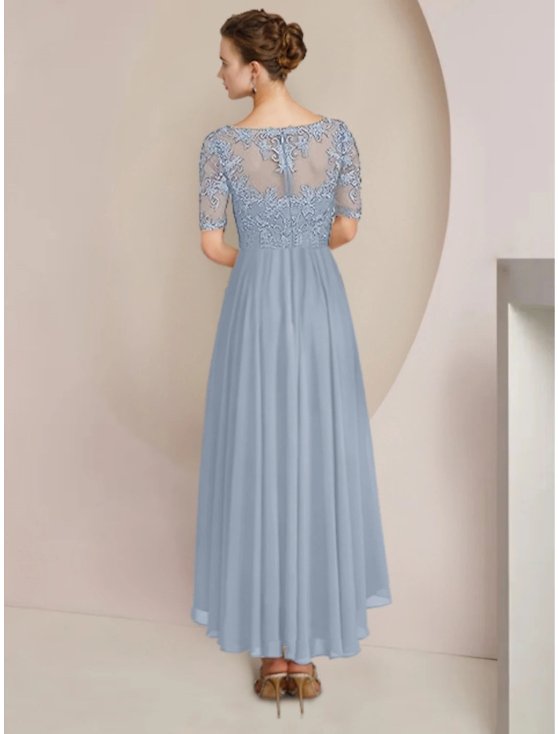 Wholesale  Sheath / Column Mother of the Bride Dress Wedding Guest Vintage Elegant V Neck Asymmetrical Ankle Length Chiffon Lace Half Sleeve with Pleats Solid