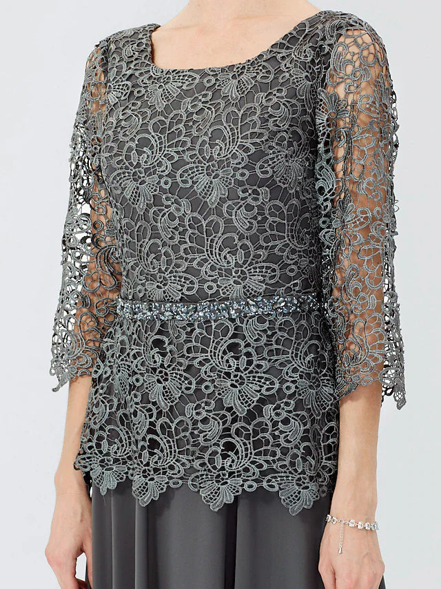 Wholesale Ball Gown A-Line Mother of the Bride Dress Formal Classic & Timeless Elegant & Luxurious Elegant Scoop Neck Floor Length Chiffon Corded Lace 3/4 Length Sleeve with Sashes / Ribbons Beading