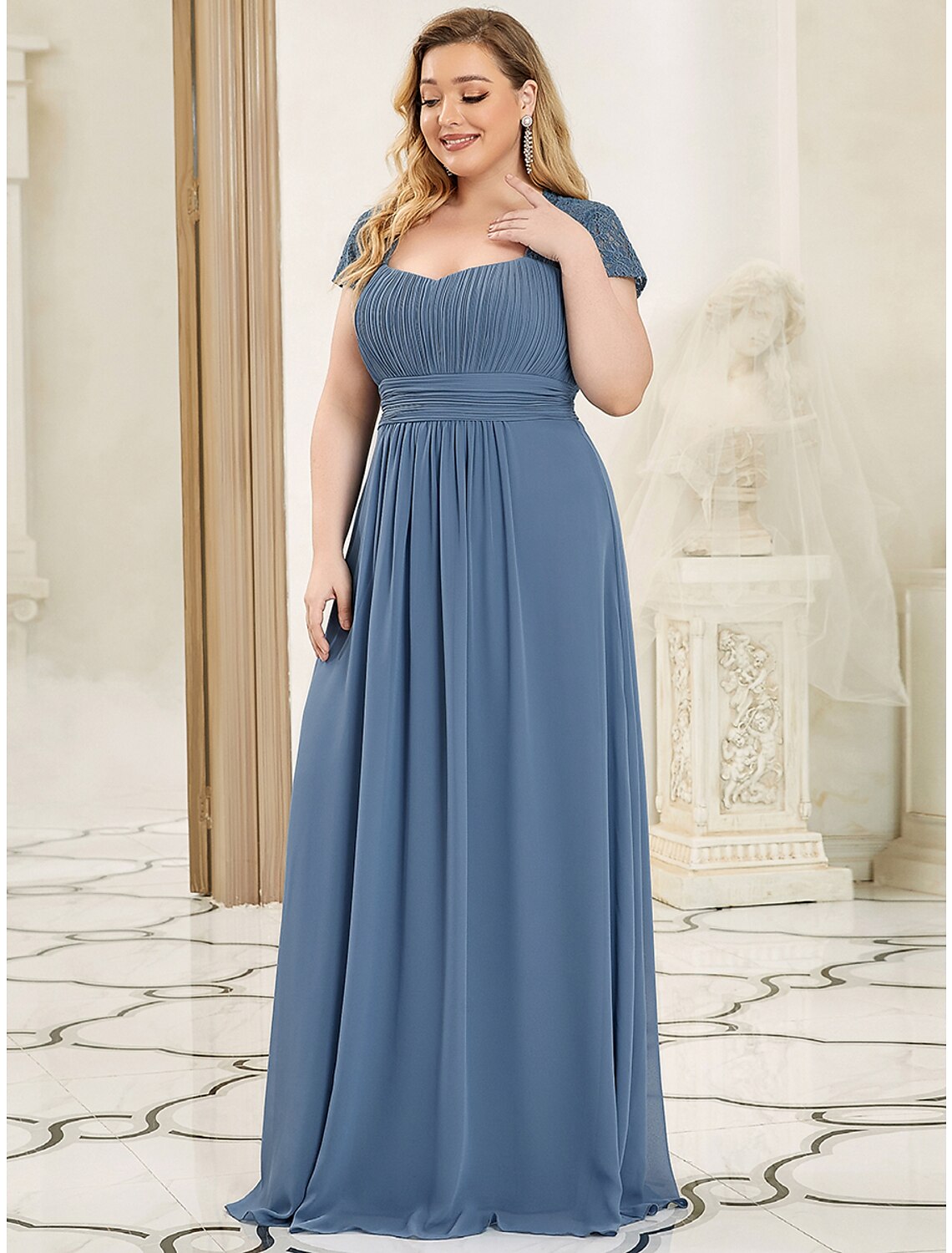 Wholesale  A-Line Evening Gown Plus Size Dress Wedding Guest Prom Floor Length Short Sleeve Sweetheart Chiffon with Ruched