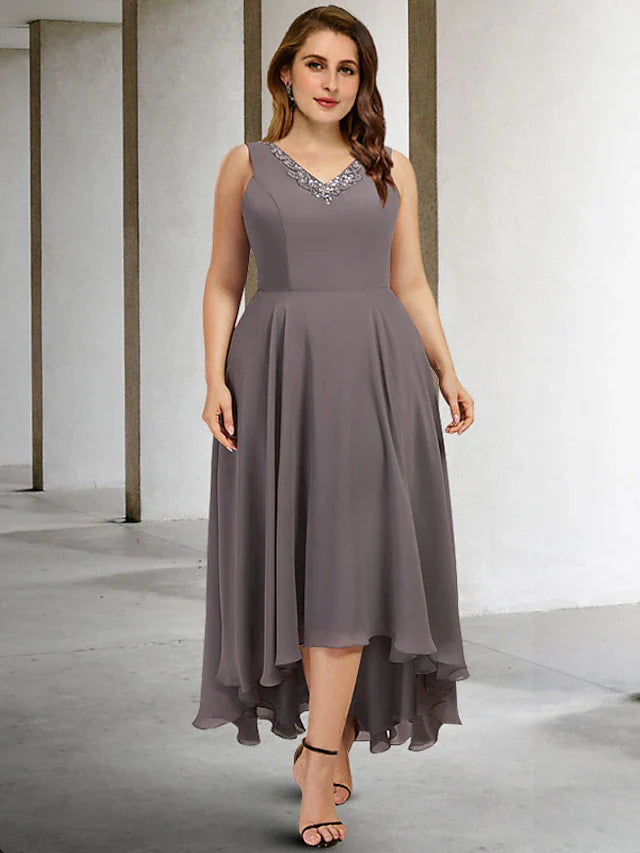 Wholesale Two Piece A-Line Plus Size Curve Mother of the Bride Dresses Elegant Dress Wedding Guest Tea Length Sleeveless V Neck Chiffon with Beading