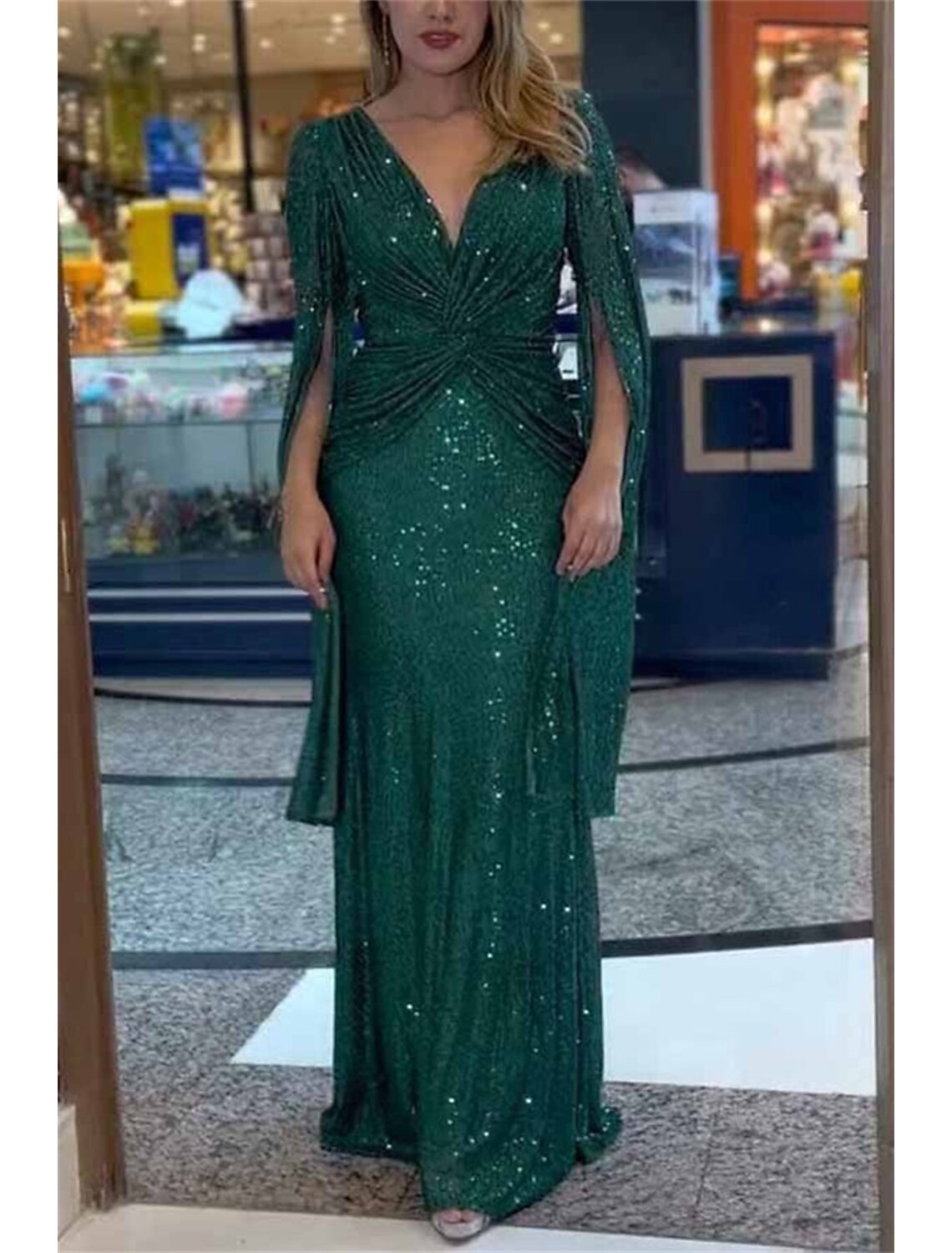 Wholesale Mermaid / Trumpet Evening Gown Elegant Dress Formal Wedding Guest Floor Length Sleeveless V Neck Capes Sequined with Ruched Sequin