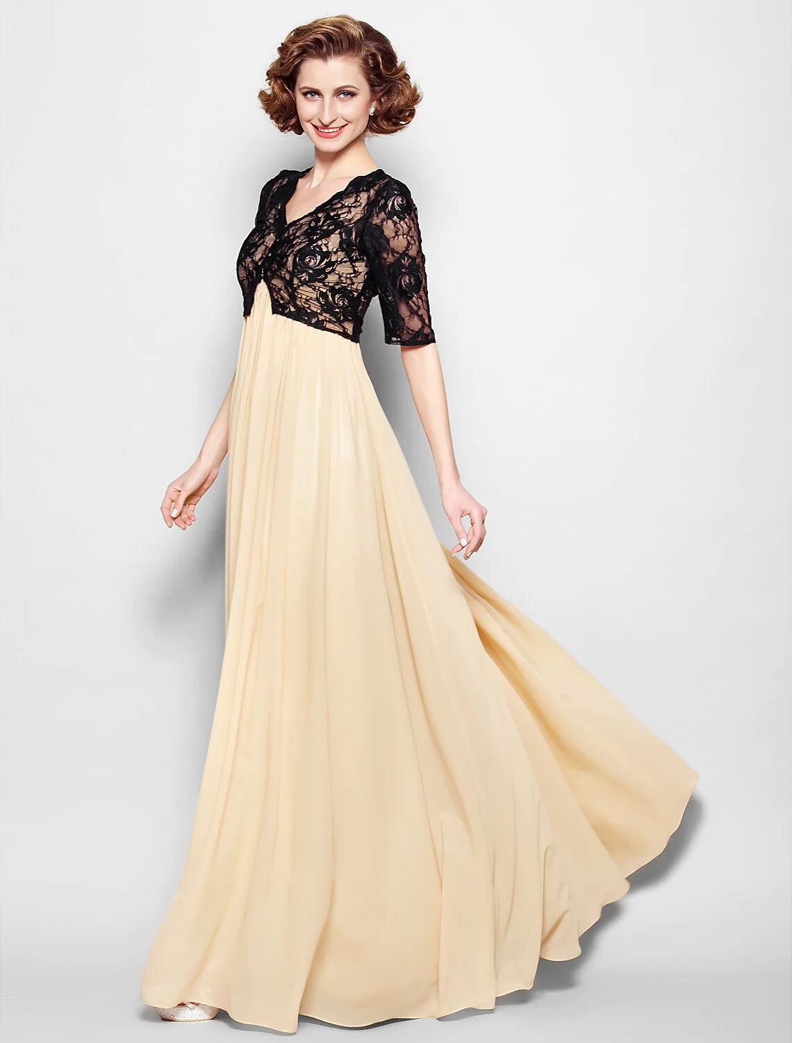 Wholesale A-Line Mother of the Bride Dress Wrap Included V Neck Floor Length Chiffon Lace Half Sleeve yes with Lace