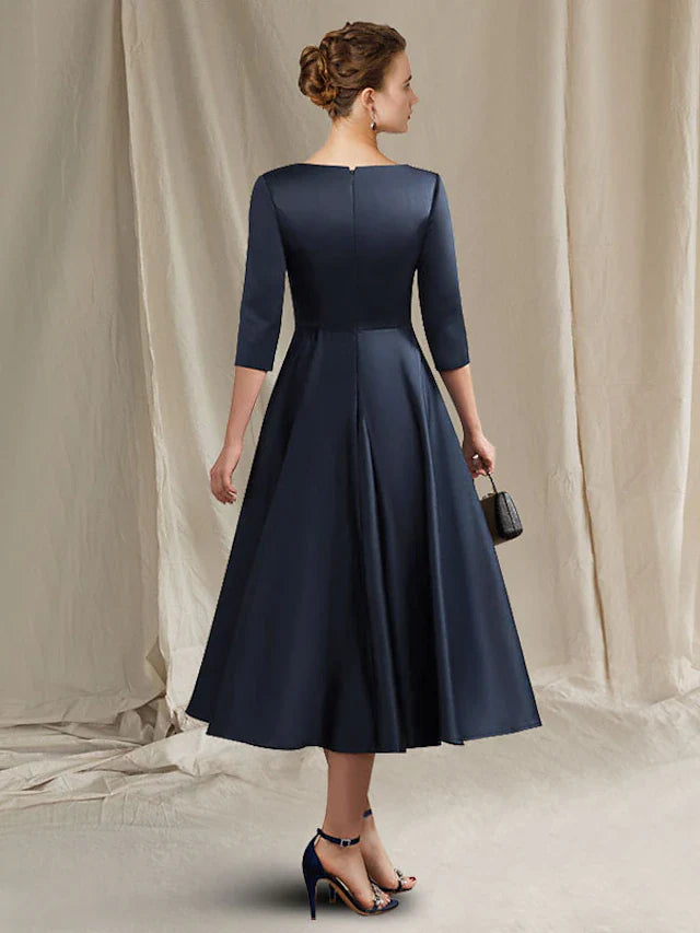 Wholesale A-Line Mother of the Bride Dress Elegant Bateau Neck V Neck Tea Length Satin Half Sleeve with Pleats Ruched