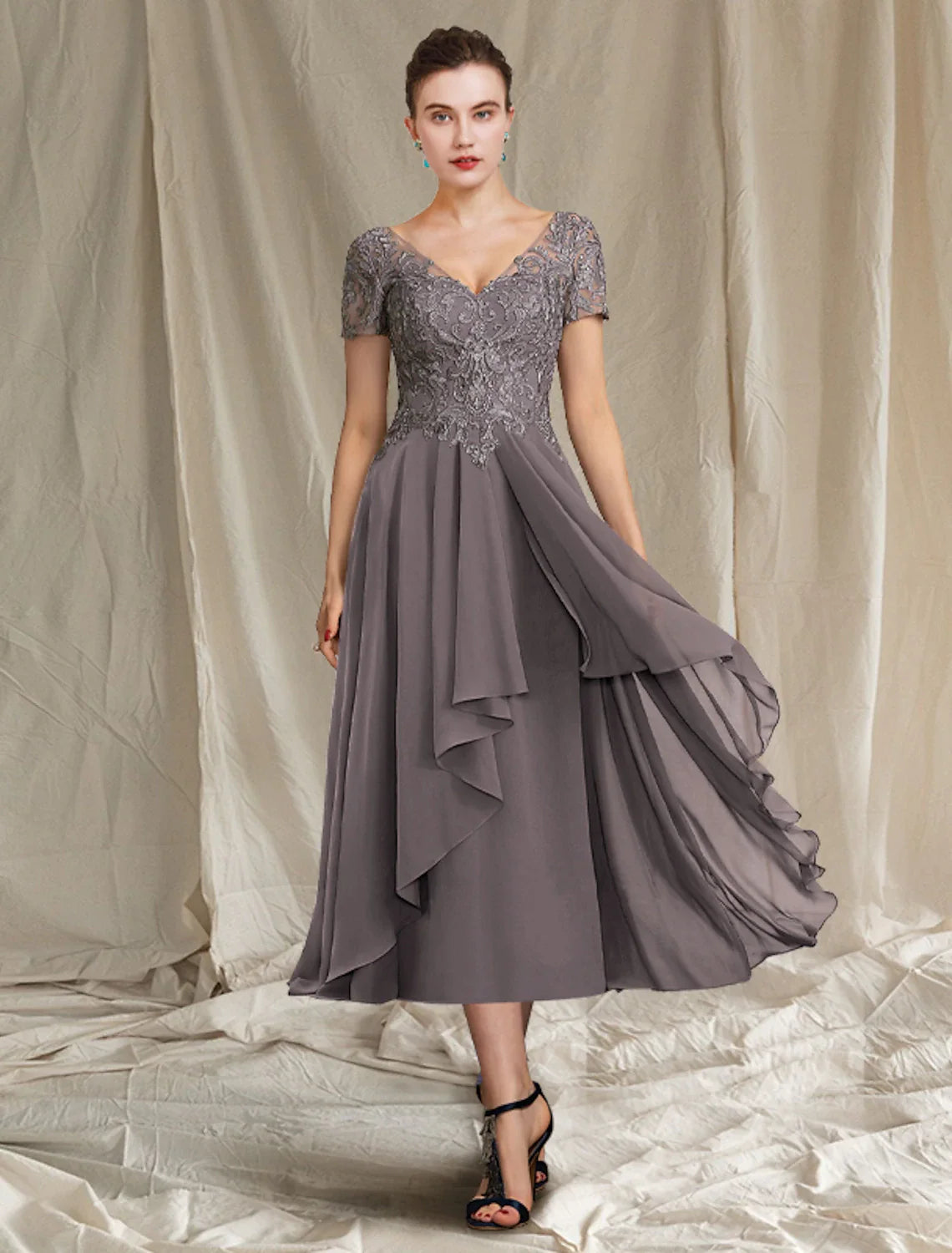 Wholesale A-Line Mother of the Bride Dress Elegant V Neck Tea Length Chiffon Lace Short Sleeve with Pleats Appliques