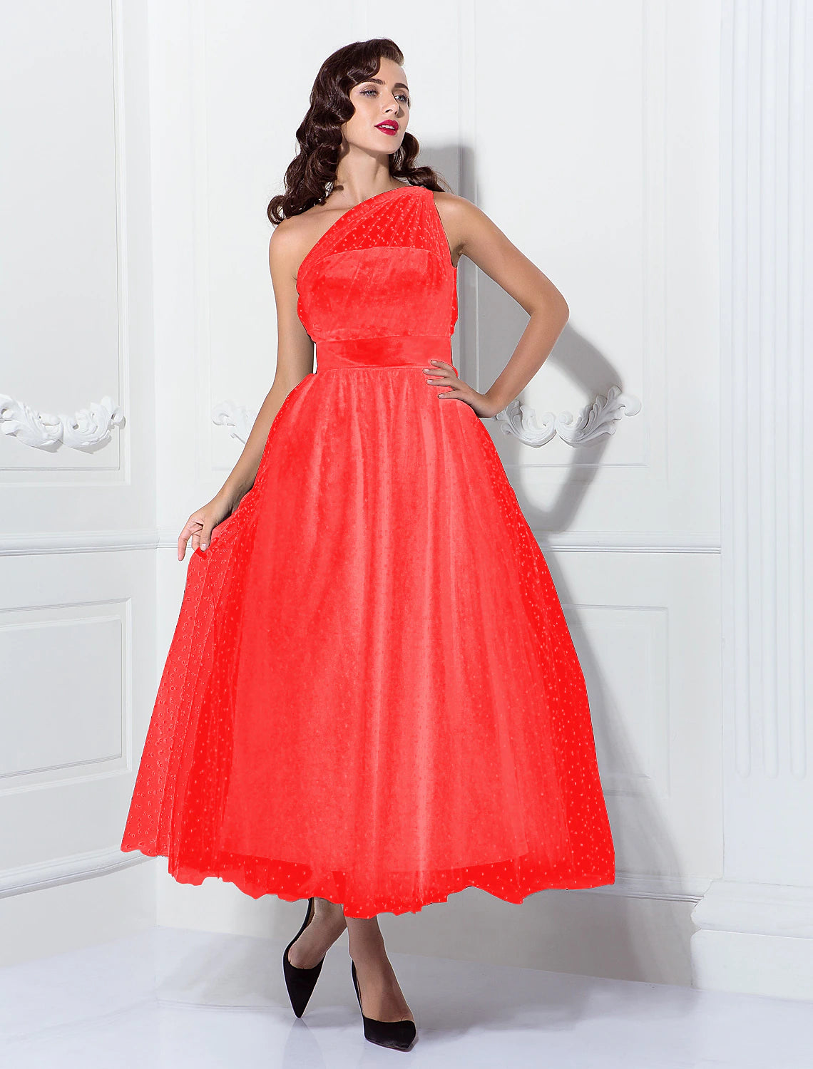 Wholesale  A-Line Cocktail Dresses Vintage Dress Halloween Ankle Length Sleeveless One Shoulder Wednesday Addams Family Tulle with Pleats Pattern / Print