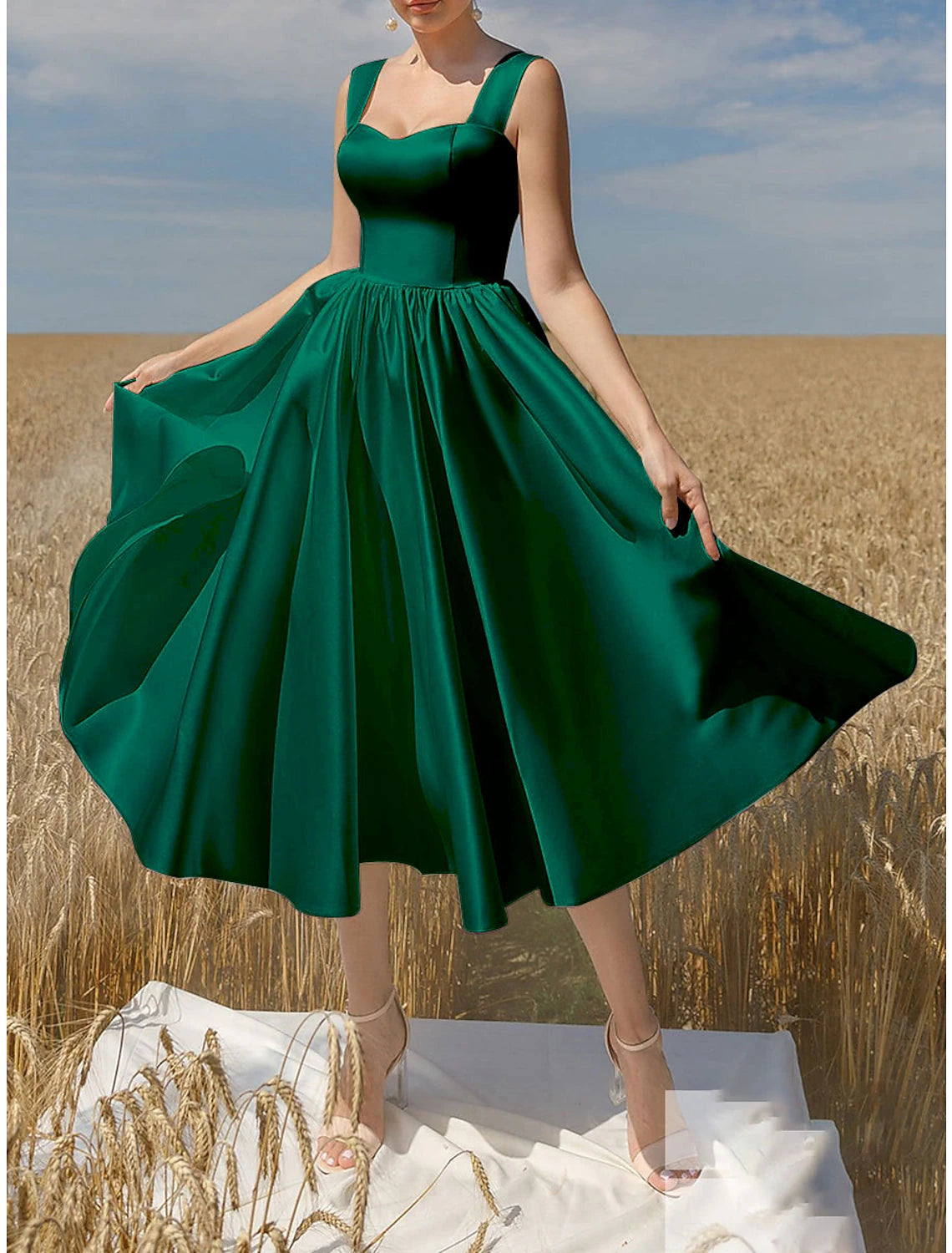 Wholesale A-Line Cocktail Dresses Elegant Dress Wedding Guest Graduation Tea Length Short Sleeve Scoop Neck Italy Satin with Sleek