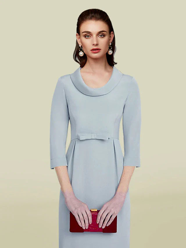 Wholesale Sheath / Column Mother of the Bride Dress Elegant Jewel Neck Tea Length Italy Satin 3/4 Length Sleeve with Sash / Ribbon Bow(s)