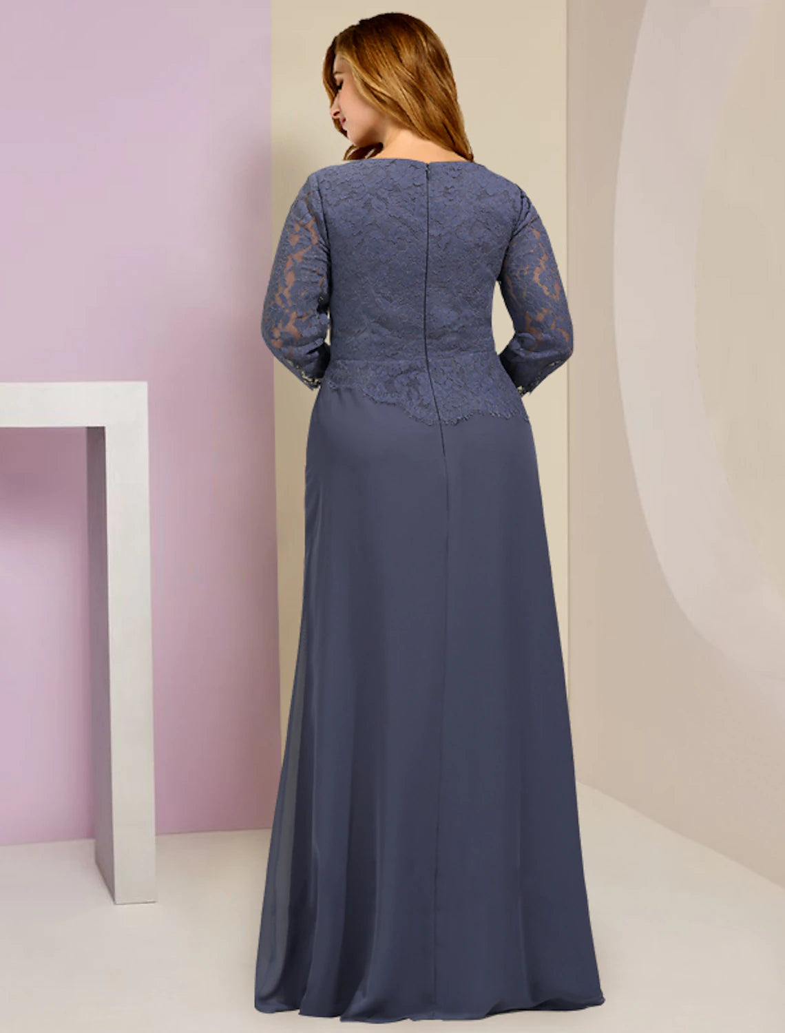 Wholesale  Mother of the Bride Dresses Plus Size Curve Hide Belly Wedding Guest Party Elegant Scoop Neck Floor Length Chiffon Lace 3/4 Length Sleeve with Ruffles Appliques