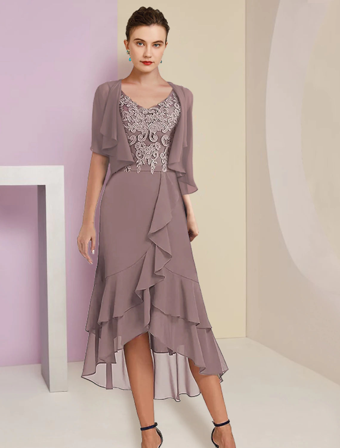 Wholesale  Two Piece A-Line Mother of the Bride Dress Formal Fall Wedding Guest Elegant High Low V Neck Asymmetrical Tea Length Chiffon Lace Short Sleeve 3/4 Length Sleeve Wrap Included with Appliques