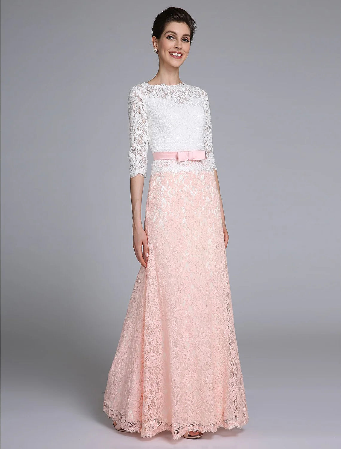 Wholesale Mermaid / Trumpet Mother of the Bride Dress Color Block Jewel Neck Floor Length Lace Half Sleeve No with Sash / Ribbon