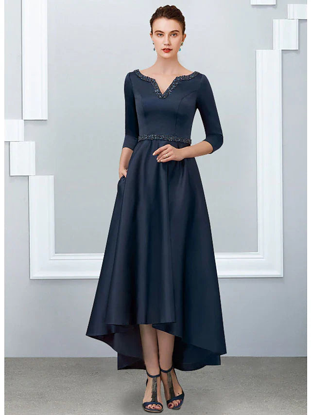 Wholesale A-Line Mother of the Bride Dress Elegant High Low V Neck Asymmetrical Ankle Length Satin Half Sleeve with Pleats
