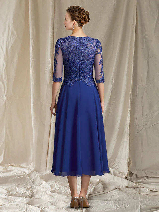 Wholesale A-Line Mother of the Bride Dress Elegant Jewel Neck Tea Length Chiffon Lace Half Sleeve with Sequin Appliques