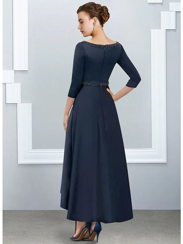 Wholesale A-Line Mother of the Bride Dress Elegant High Low V Neck Asymmetrical Ankle Length Satin Half Sleeve with Pleats
