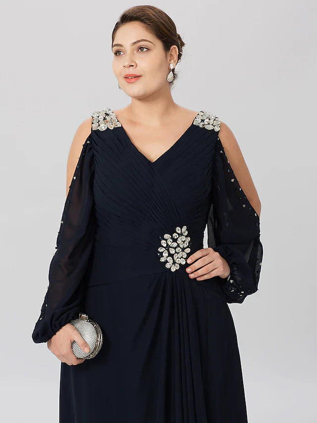 Wholesale Sheath / Column Mother of the Bride Dress Plus Size Elegant High Low V Neck Asymmetrical Chiffon Stretch Satin Long Sleeve with Criss Cross Crystals