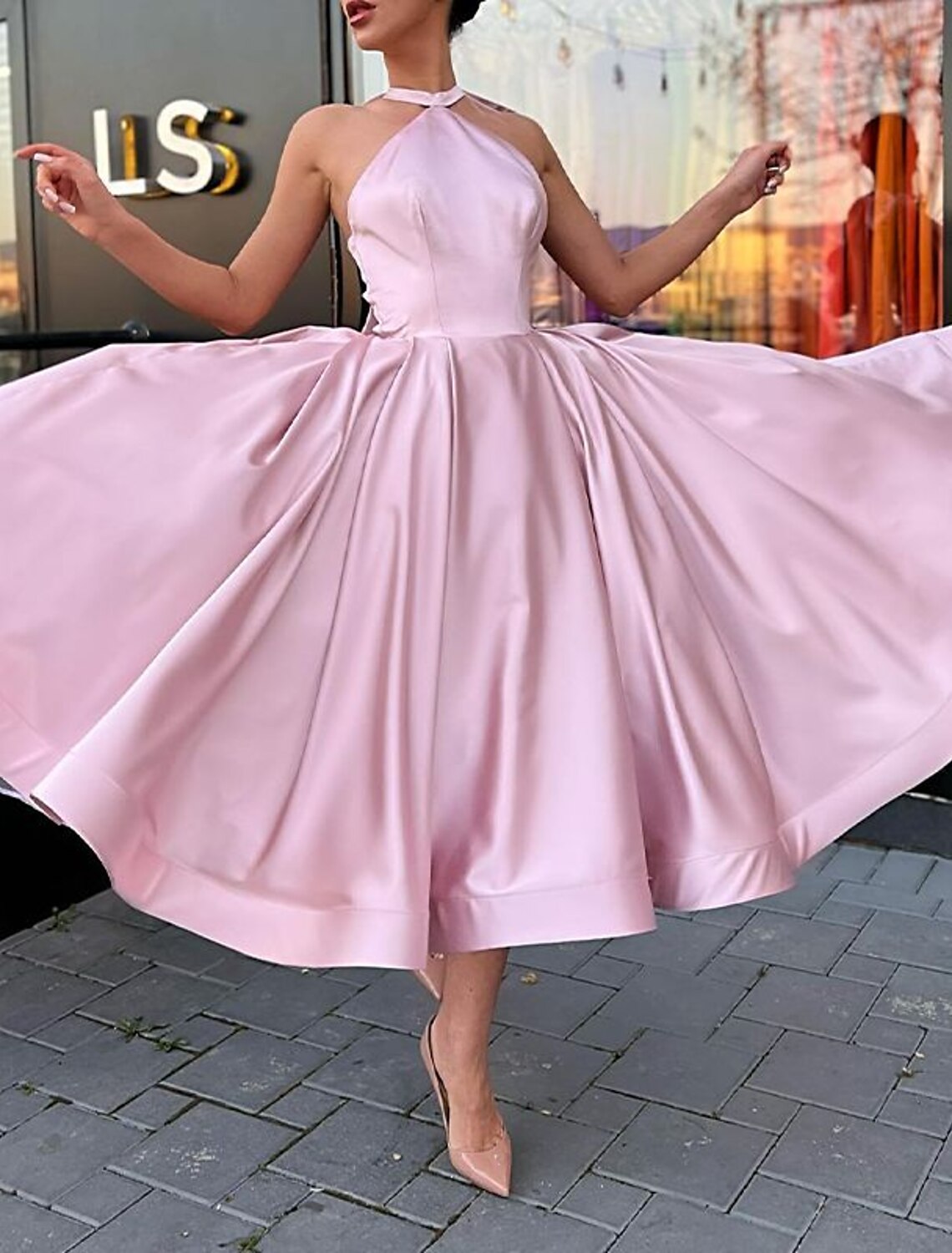 Wholesale A-Line Evening Gown Plus Size Dress Homecoming Wedding Guest Ankle Length Sleeveless Halter Neck Satin with Butterfly