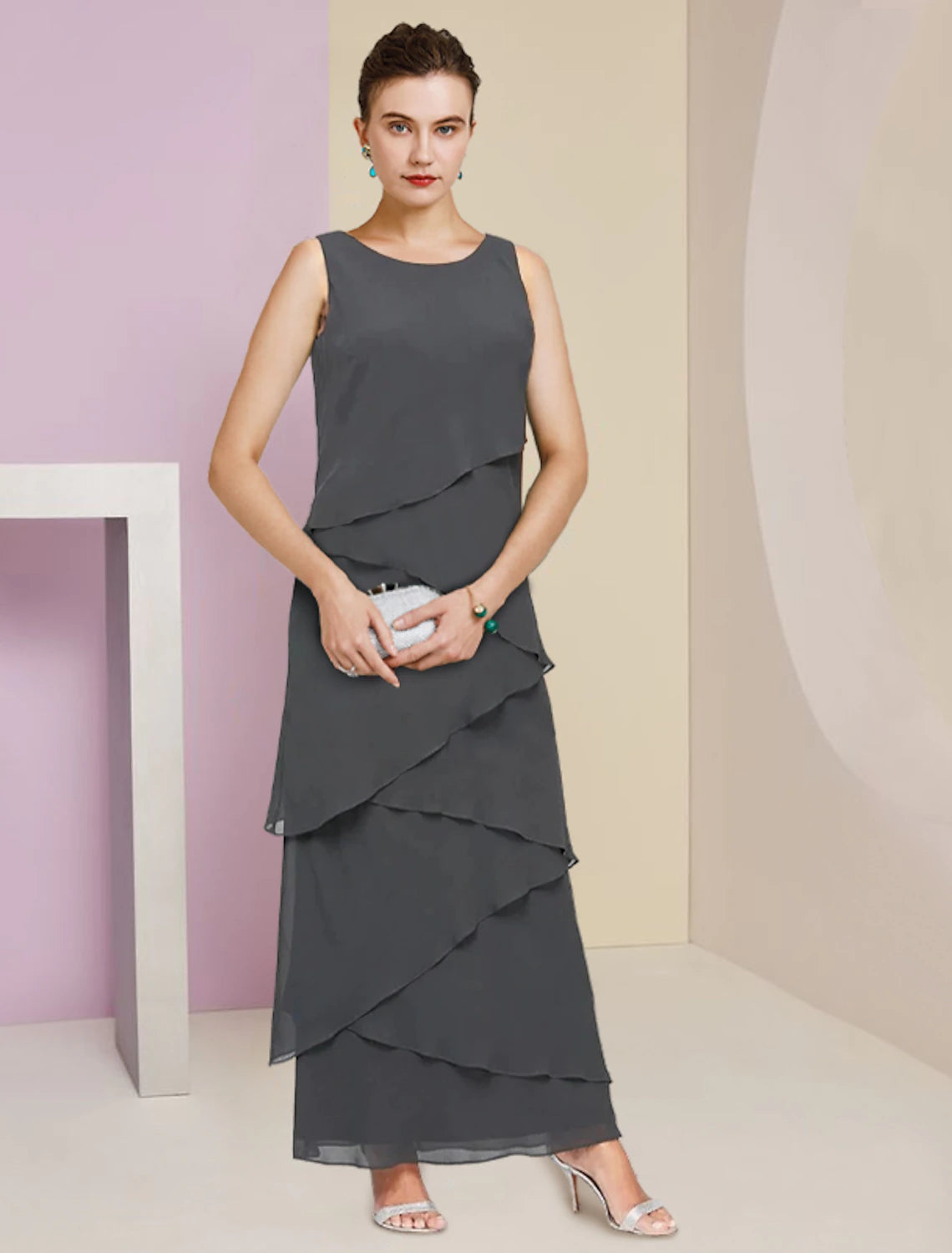 Wholesale  Sheath / Column Mother of the Bride Dress Formal Wedding Guest Elegant Scoop Neck Ankle Length Chiffon Sleeveless Wrap Included with Cascading Ruffles