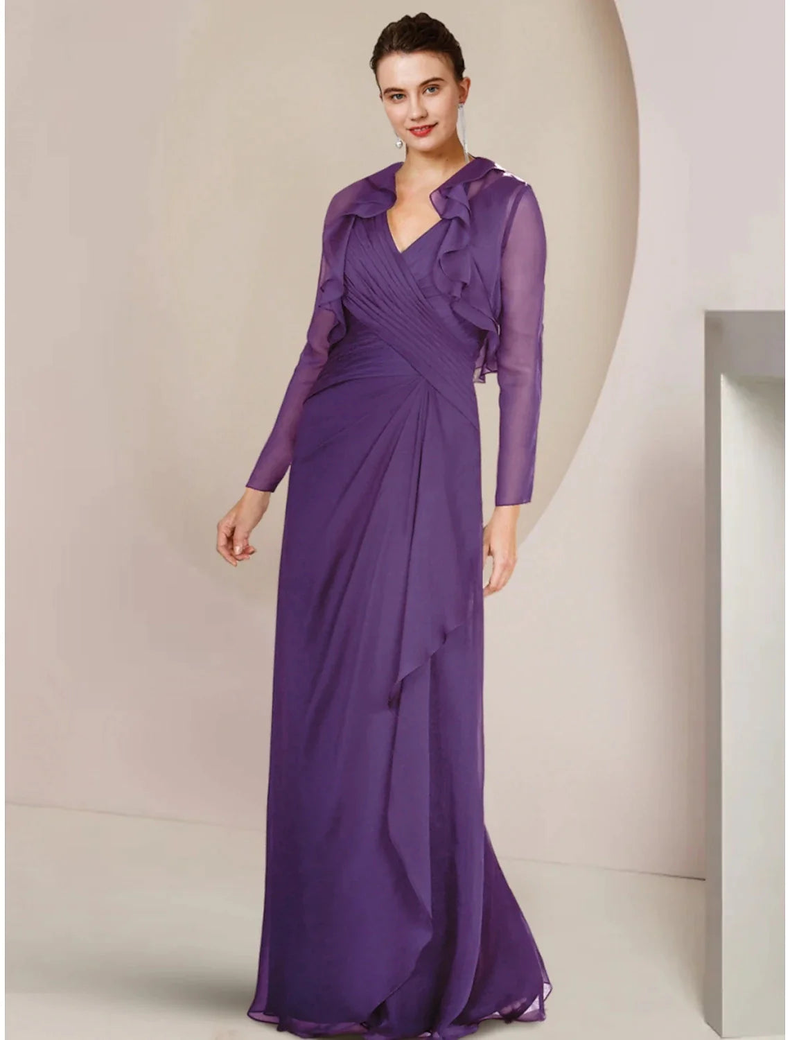 Wholesale A-Line Mother of the Bride Dress Wedding Guest Elegant V Neck Floor Length Chiffon Long Sleeve with Ruffles Ruching