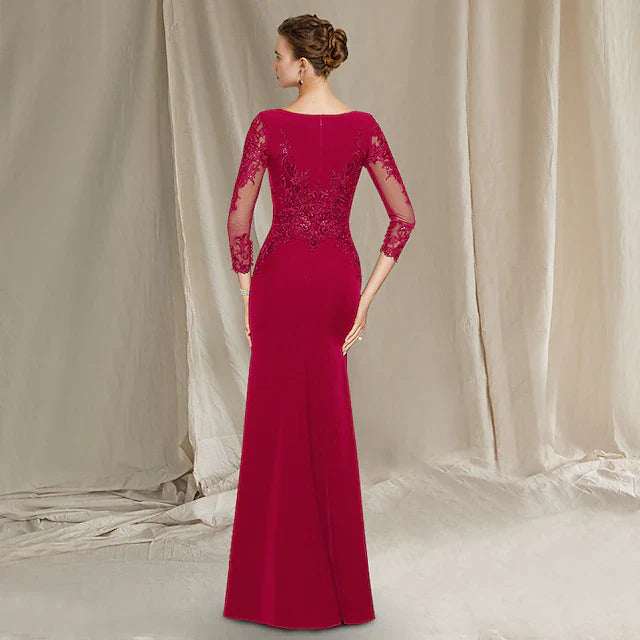 Wholesale Sheath / Column Mother of the Bride Dress Elegant Jewel Neck Floor Length Chiffon Lace Short Sleeve with Sequin Ruffles Appliques