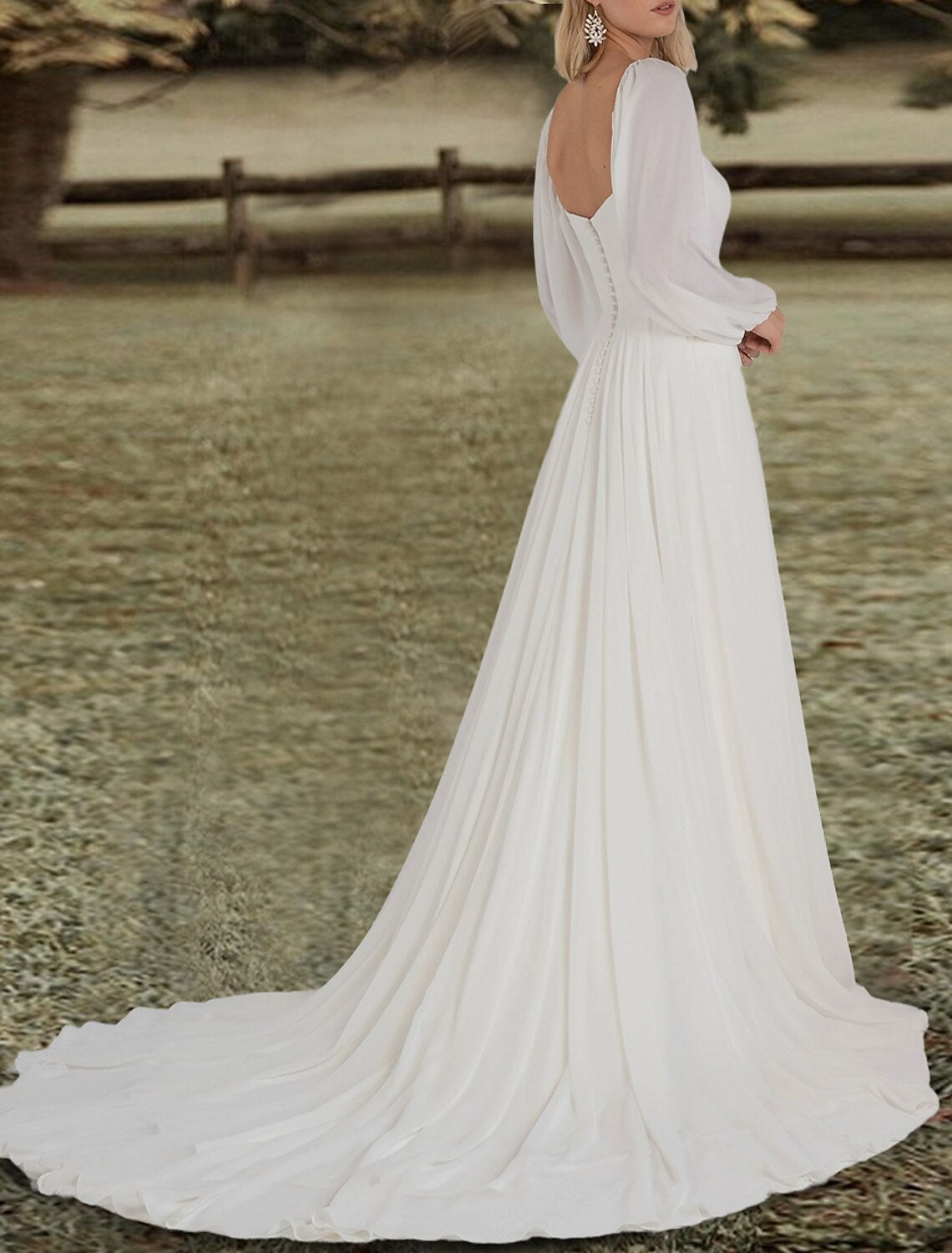 Wholesale Engagement Open Back Wedding Dresses A-Line Square Neck Long Sleeve Sweep / Brush Train Chiffon Bridal Gowns With Solid Color