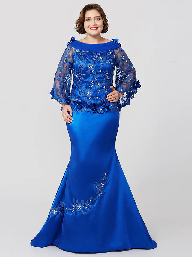 Wholesale Mermaid / Trumpet Mother of the Bride Dress Formal Plus Size Elegant Bateau Neck Sweep / Brush Train Lace Over Charmeuse Long Sleeve No with Pleats Ruffles