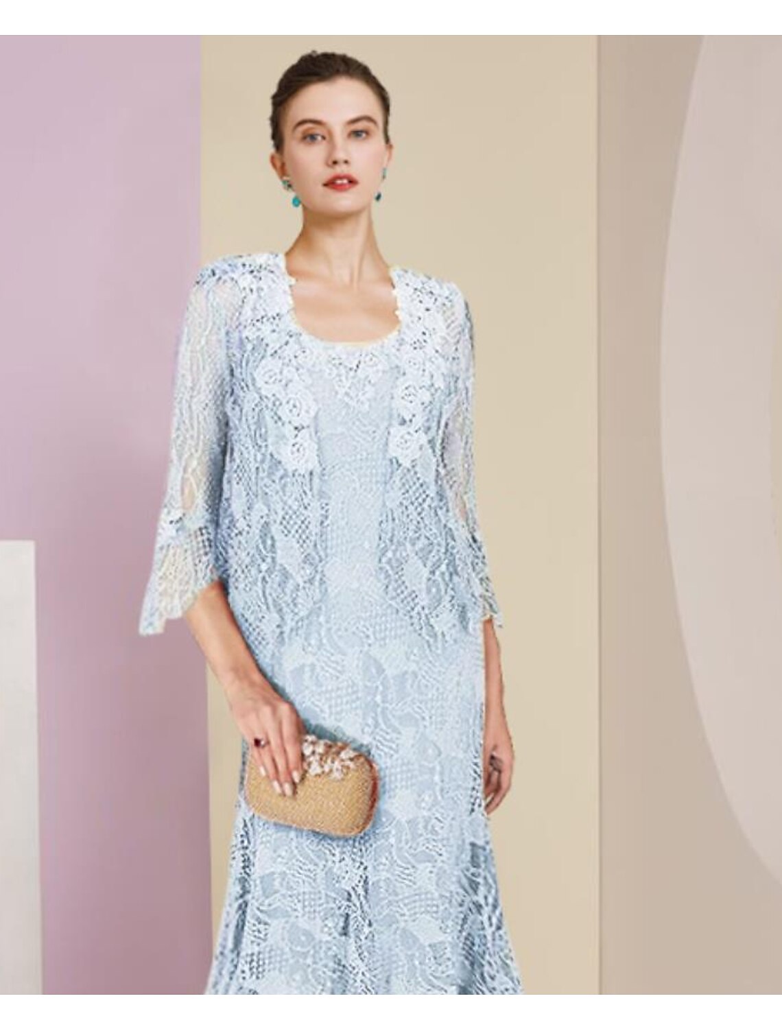 Wholesale  Two Piece Mermaid / Trumpet Mother of the Bride Dress Formal Wedding Guest Elegant High Low Scoop Neck Asymmetrical Tea Length Lace Sleeveless Wrap Included with Solid