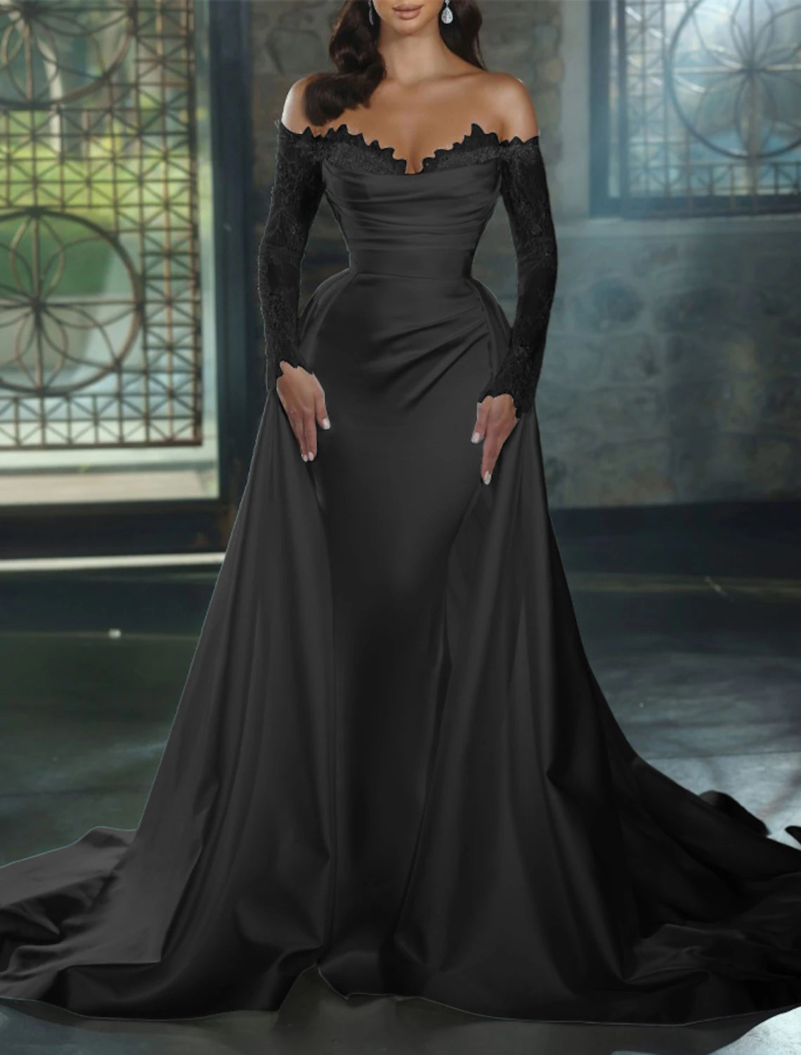 Wholesale Engagement Formal Fall Wedding Dresses Sheath / Column Off Shoulder Long Sleeve Chapel Train Satin Bridal Gowns With Appliques Solid Color Summer Wedding Party