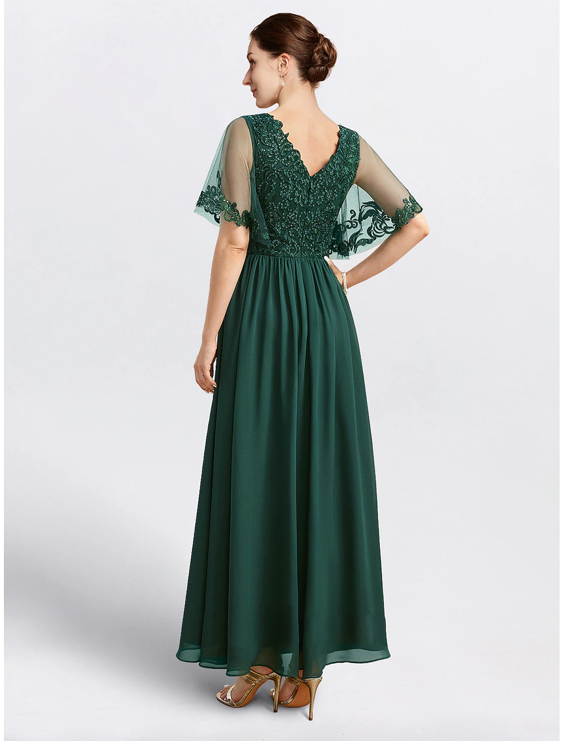 Wholesale A-Line Mother of the Bride Dress Formal Wedding Guest Elegant Cape Dress V Neck Tea Length Chiffon Short Sleeve with Beading Appliques