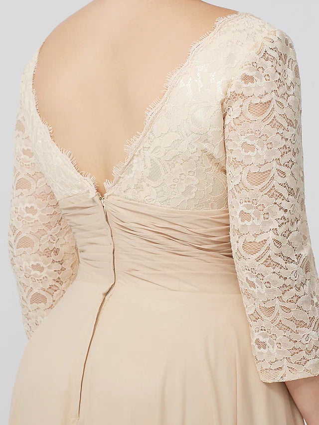 Wholesale Sheath / Column Mother of the Bride Dress Formal Classic & Timeless Elegant & Luxurious Plus Size Square Neck Floor Length Chiffon Metallic Lace 3/4 Length Sleeve No with Sash / Ribbon Flower