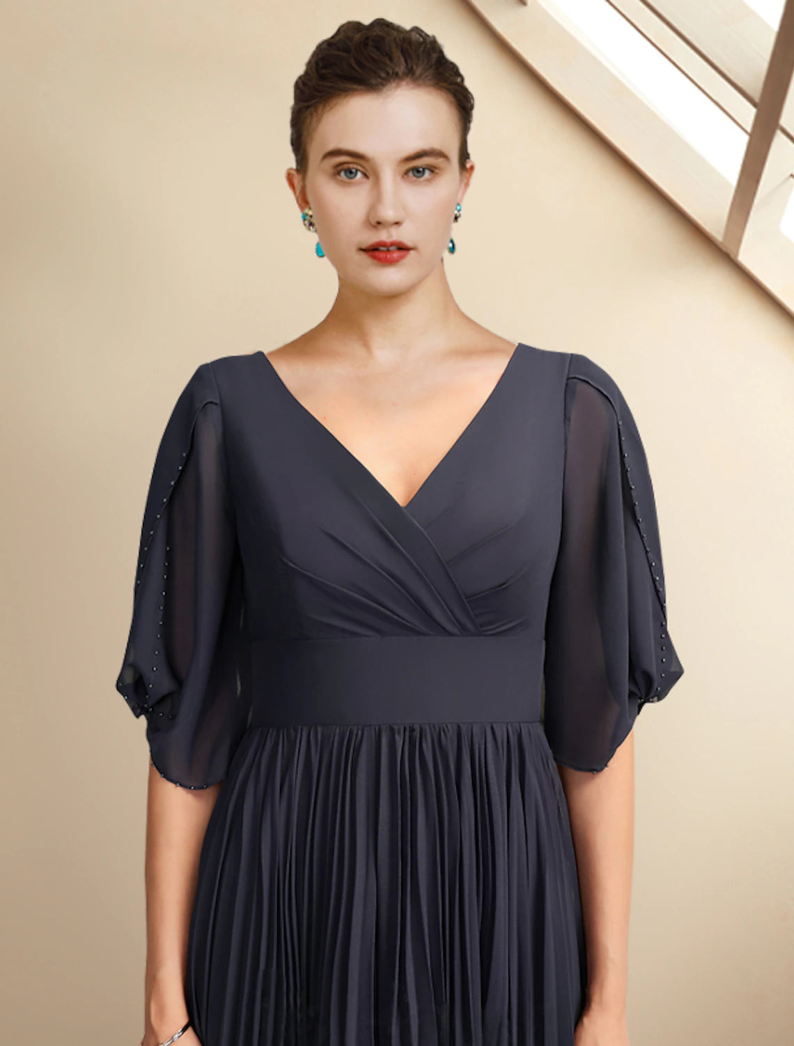 Wholesale  A-Line Mother of the Bride Dress Plus Size Elegant V Neck Tea Length Chiffon Half Sleeve with Pleats