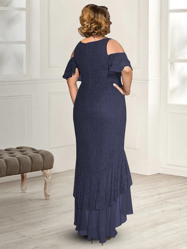 Wholesale Sheath / Column Mother of the Bride Dress Plus Size Elegant High Low Jewel Neck Asymmetrical Floor Length Chiffon Short Sleeve with Appliques