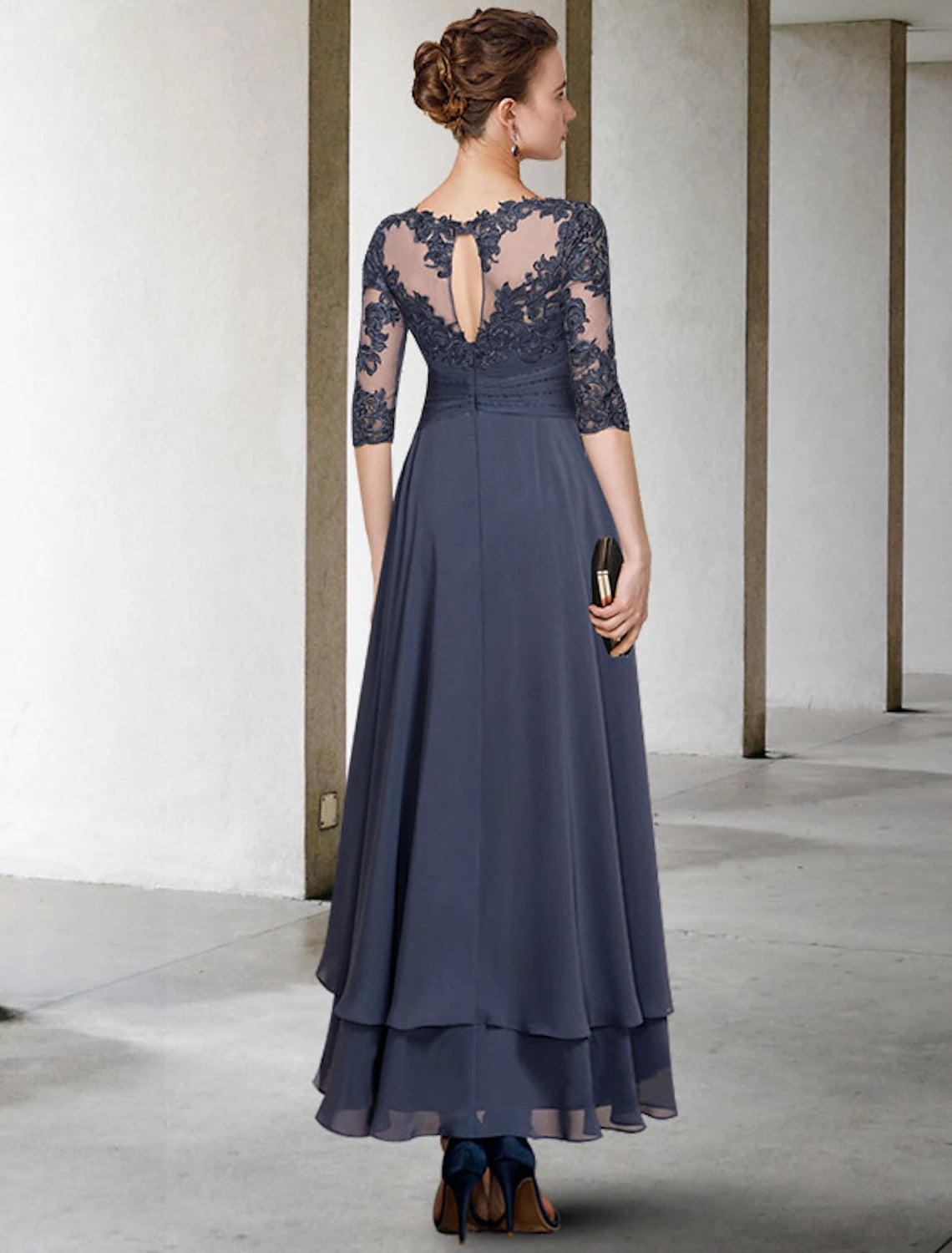 Wholesale  A-Line Mother of the Bride Dress Plus Size Elegant High Low Jewel Neck Asymmetrical Tea Length Chiffon Lace Short Sleeve with Ruched Beading Appliques